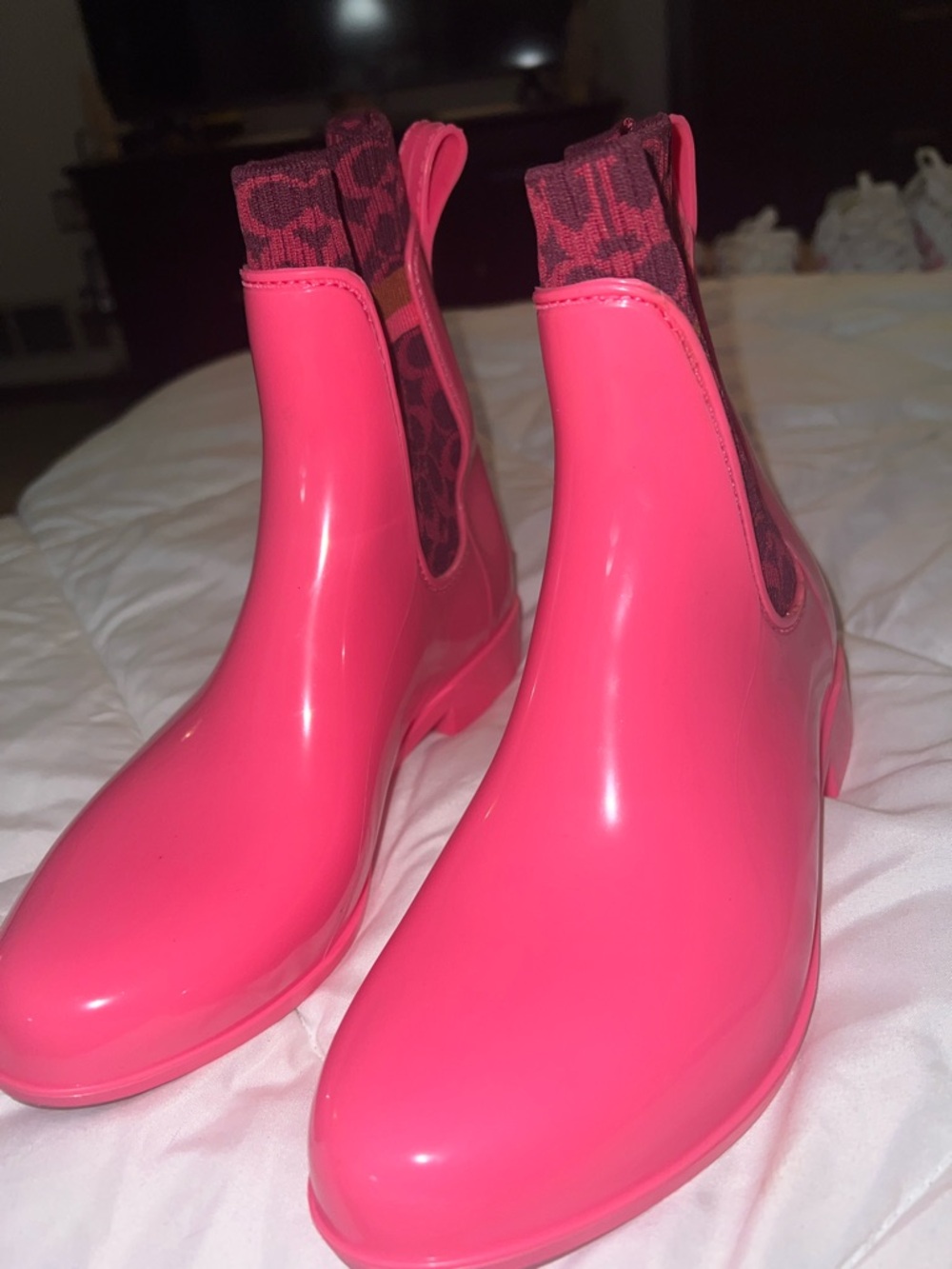 Coach Bright Pink Chelsea Rain Boots with Monogram Elastic